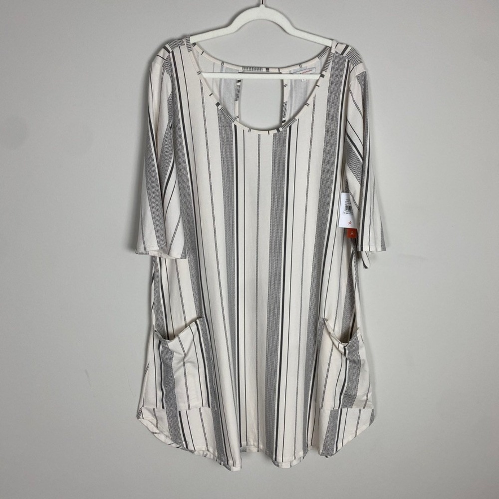 Known Supply Wren Tunic Top Women L Off Striped Open Back Pocket Lagenlook